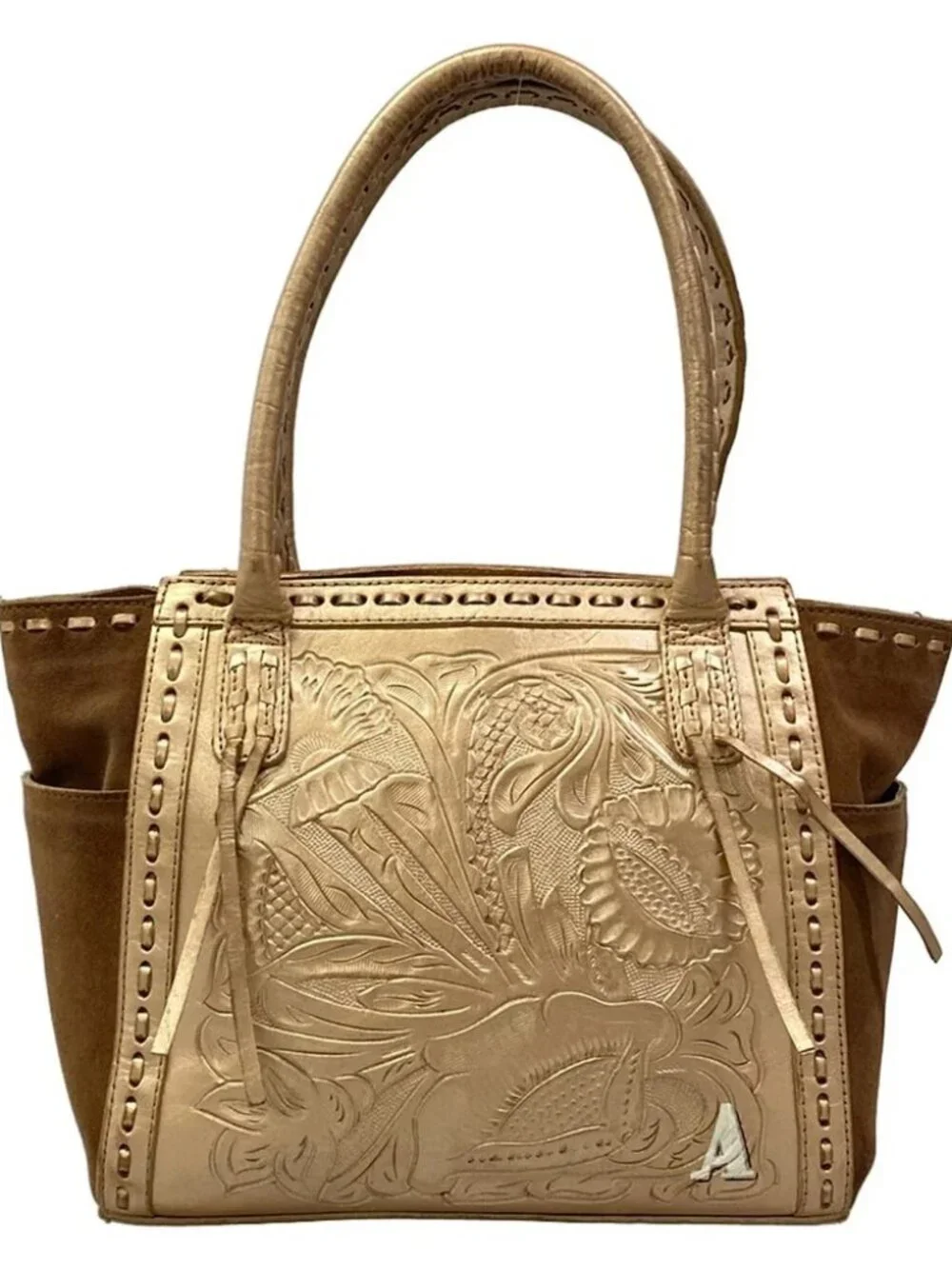 Carving Tribes Gold Brown Leather Suede Tote Bag